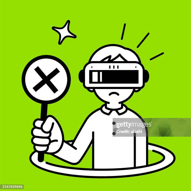 a boy wearing a virtual reality headset or vr glasses pops out of a virtual hole and into the metaverse holding a sign with a cross symbol that means "failure, rejected, cancellation", minimalist style, black and white outline - kids getting in trouble stock illustrations