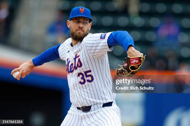 Adrian Houser of the New York Mets in action against the Detroit Tigers during game one of a double header at Citi Field on April 4, 2024 in New York...