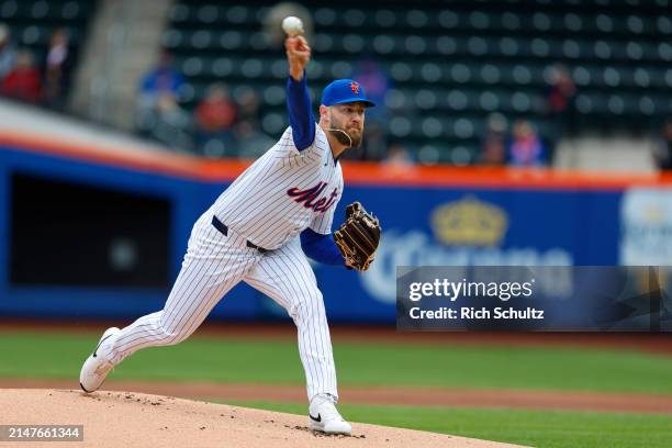 Adrian Houser of the New York Mets in action against the Detroit Tigers during game one of a double header at Citi Field on April 4, 2024 in New York...