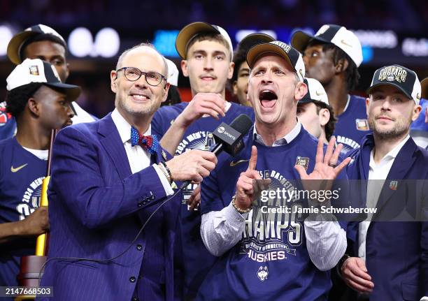 Head coach Dan Hurley of the Connecticut Huskies celebrates after defeating Purdue Boilermakers in the NCAA Men's Basketball Tournament National...