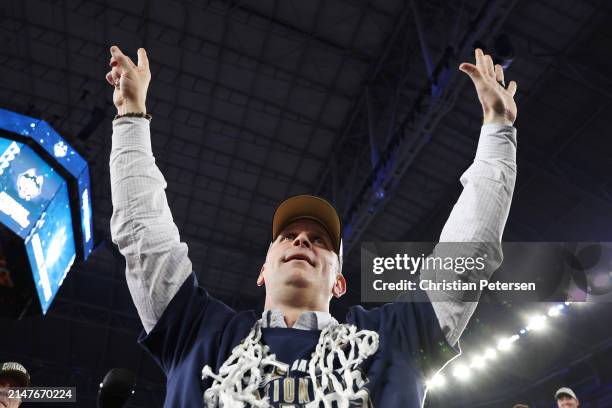 Head coach Dan Hurley of the Connecticut Huskies celebrates after beating the Purdue Boilermakers 75-60 to win the NCAA Men's Basketball Tournament...