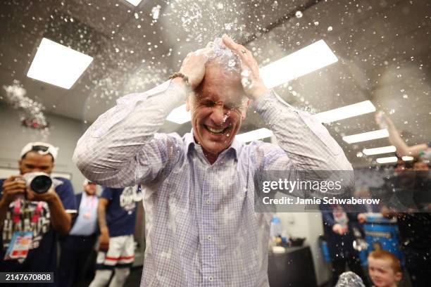 Head coach Dan Hurley of the Connecticut Huskies celebrates after defeating the Purdue Boilermakers in the NCAA Men's Basketball Tournament National...