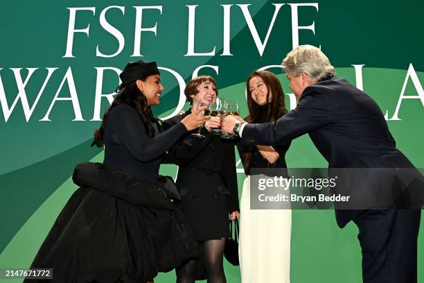 Paloma Elsesser, Olivia Meyer, Vera Wang, and John Tighe speak onstage during the Fashion Scholarship Fund Gala Honoring Tracee Ellis Ross, Michael...