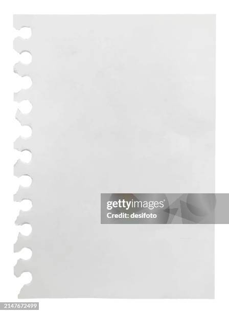 eine vertikale vektorillustration einer leeren, leeren, einfachen, cremefarbenen, zerrissenen papierseite aus einem spiralförmigen notizblock mit löchern vom stanzer als zerrissener linker rand - runzlig stock-grafiken, -clipart, -cartoons und -symbole