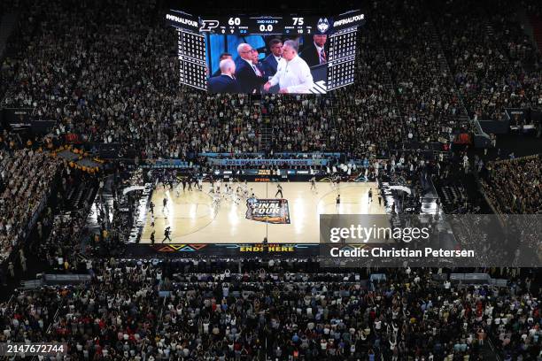 General view as the Connecticut Huskies celebrate after beating the Purdue Boilermakers 75-60 to win the NCAA Men's Basketball Tournament National...
