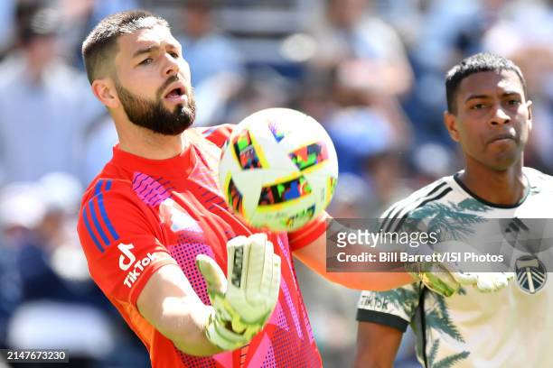Maxime Crepeau of Portland Timbers with the ball during a game between Portland Timbers and Sporting Kansas City at Children's Mercy Park on April 7,...
