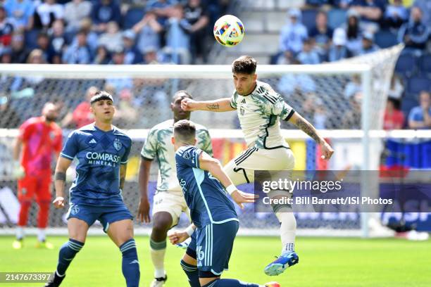 Claudio Bravo of Portland Timbers heads the ball during a game between Portland Timbers and Sporting Kansas City at Children's Mercy Park on April 7,...