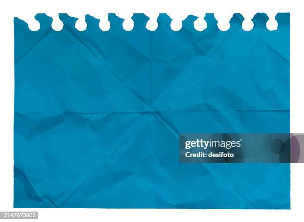 a horizontal vector illustration of a plain blank dark turquoise blue colored ripped folded crumpled paper page from a spiral notepad with holes from puncher as top edge border and folds marks - perforated paper stock illustrations