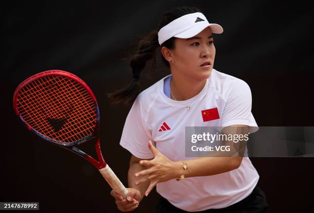 Zhu Lin of China attends a training session ahead of the Billie Jean King Cup 2024 Asia-Oceania Group I campaign at the Moon Island Clay Park on...