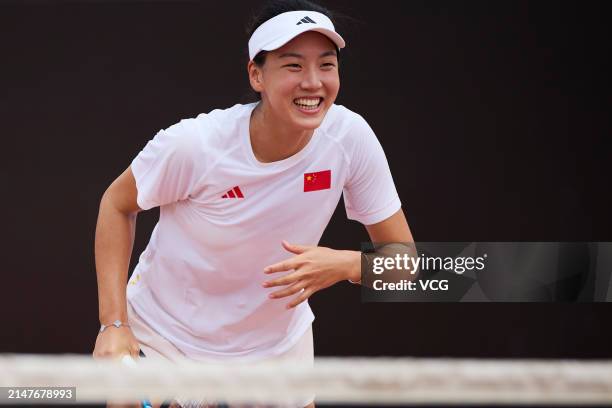Wang Xinyu of China attends a training session ahead of the Billie Jean King Cup 2024 Asia-Oceania Group I campaign at the Moon Island Clay Park on...