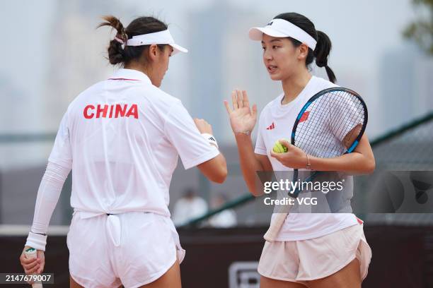 Wang Xiyu and Wang Xinyu of China attend a training session ahead of the Billie Jean King Cup 2024 Asia-Oceania Group I campaign at the Moon Island...