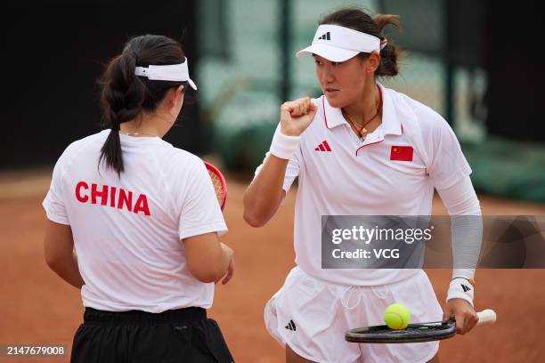 Wang Xiyu and Zhu Lin of China attend a training session ahead of the Billie Jean King Cup 2024 Asia-Oceania Group I campaign at the Moon Island Clay...