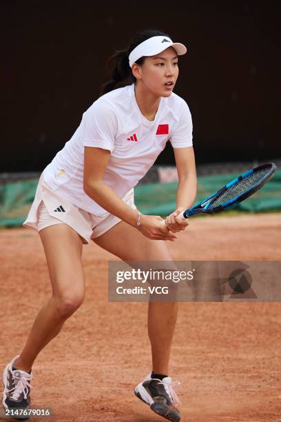 Wang Xinyu of China attends a training session ahead of the Billie Jean King Cup 2024 Asia-Oceania Group I campaign at the Moon Island Clay Park on...