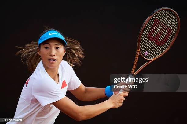 Zheng Qinwen of China attends a training session ahead of the Billie Jean King Cup 2024 Asia-Oceania Group I campaign at the Moon Island Clay Park on...