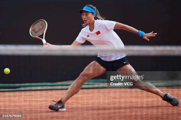 Zheng Qinwen of China attends a training session ahead of the Billie Jean King Cup 2024 Asia-Oceania Group I campaign at the Moon Island Clay Park on...