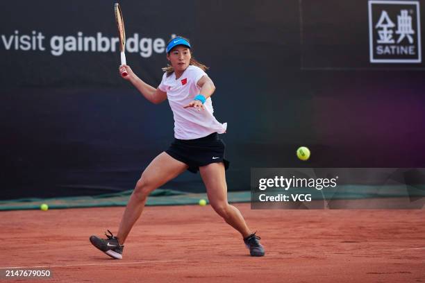 Zheng Qinwen of China attends a training session ahead of the Billie Jean King Cup 2024 Asia-Oceania Group I campaign at the Moon Island Clay Park on...