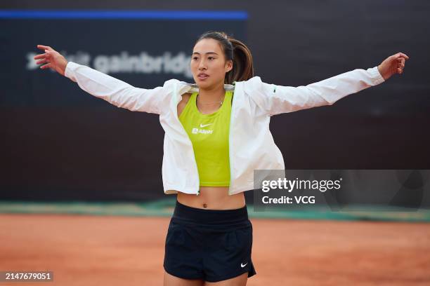 Zheng Qinwen of China attends a training session ahead of the Billie Jean King Cup 2024 Asia-Oceania Group I campaign at the Moon Island Clay Park on...