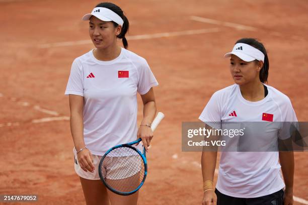 Wang Xinyu and Guo Hanyu of China attend a training session ahead of the Billie Jean King Cup 2024 Asia-Oceania Group I campaign at the Moon Island...