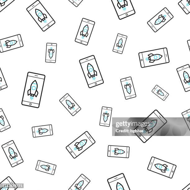 smartphone with rocket. seamless pattern. line icons on white background - missile launch stock illustrations