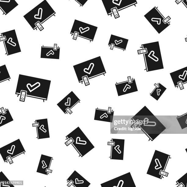 tv with check mark. seamless pattern. icons on white background - checking computer screen stock illustrations