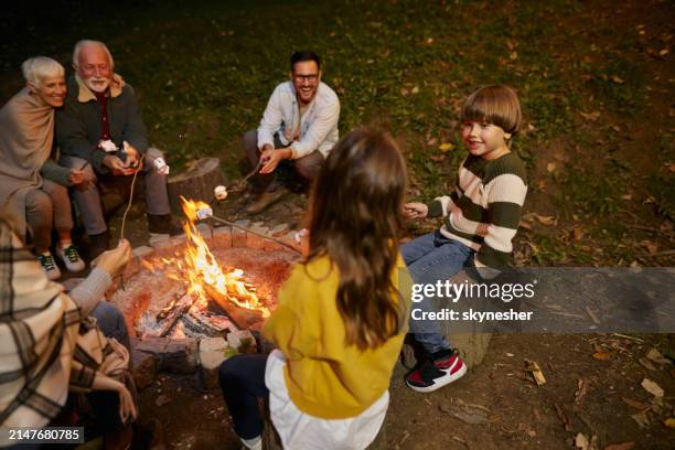 roasting marshmallows on fire! - fall bonfire stock pictures, royalty-free photos & images