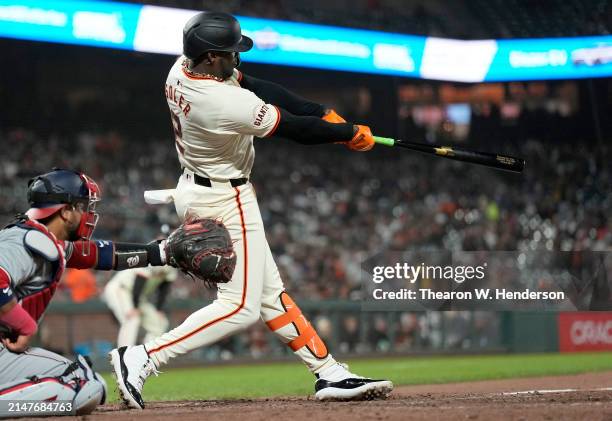 Jorge Soler of the San Francisco Giants bats against the Washington Nationals in the bottom of the six inning of a Major League Baseball game at...