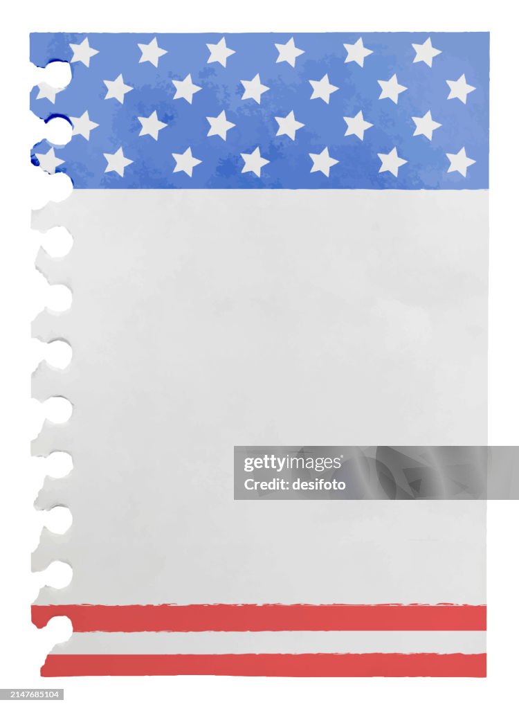 Luminoso disegno della bandiera degli Stati Uniti come pagina di carta strappata dal blocco note a spirale con bordo di fori di perforazione di sfondo vettoriale verticale bianco con spazio di copia