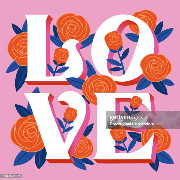 mother’s day. 3d love text in retro style typography with red roses. - mothers day illustration stock illustrations