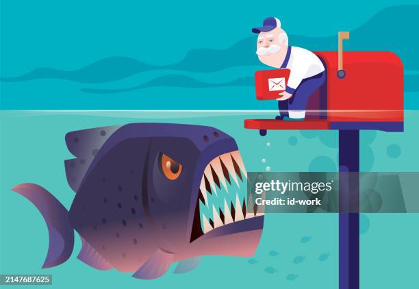 senior courier holding mail icon and standing in drowning mailbox and meeting angry fish - caribes stock illustrations