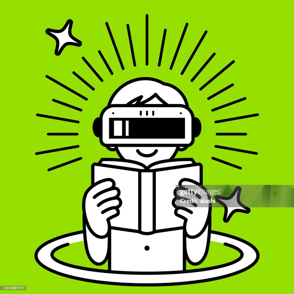 Un ragazzo che indossa un visore per la realtà virtuale o occhiali VR salta fuori da un buco virtuale e nel metaverso, sta leggendo felicemente un libro, stile minimalista, contorno in bianco e nero