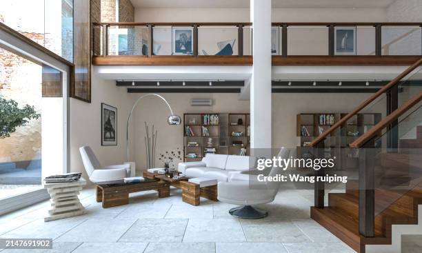 modern livingroom - loft stairs stock pictures, royalty-free photos & images