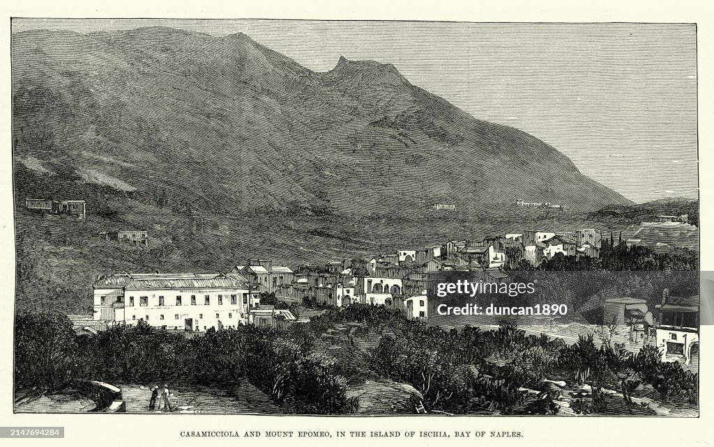 Casamicciola and Mount Epomeo, Island of Ischia, Bay of Naples, Italy, 1881, Vintage illustration