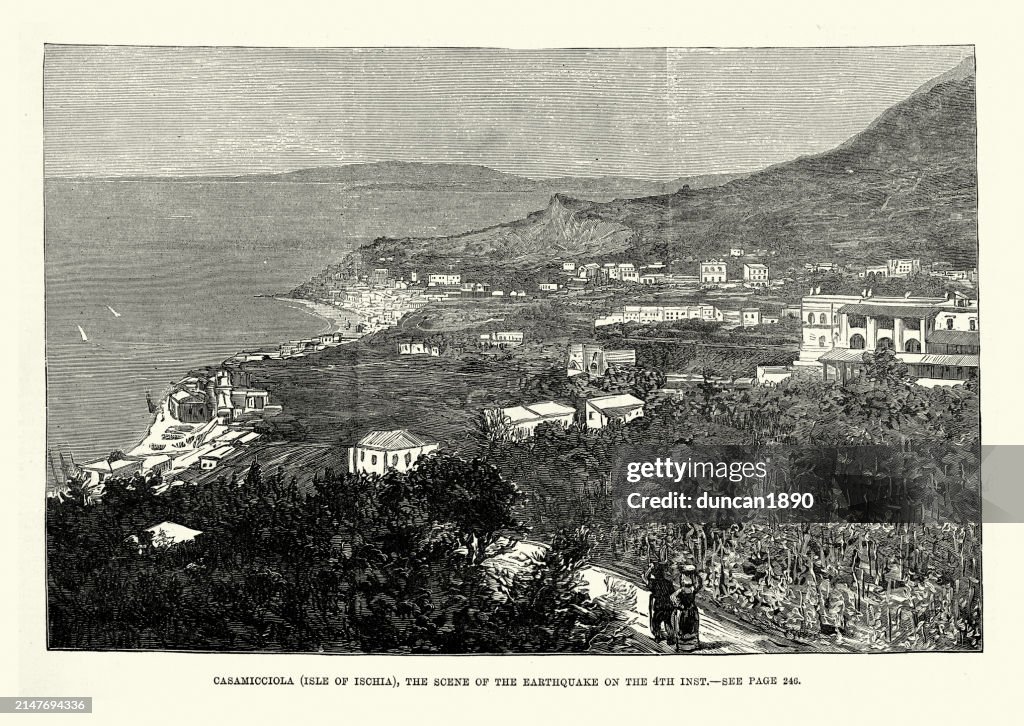 Casamicciola, Island of Ischia, Bay of Naples, Italy, 1881, Vintage illustration 19th Century Italian History