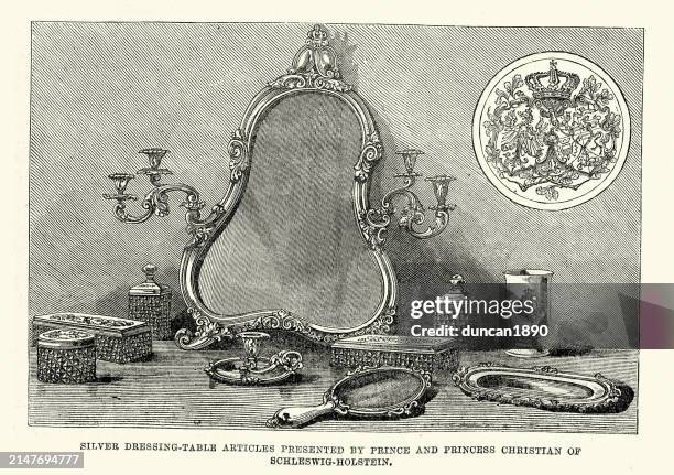 silver dressing table articles, gift, royal wedding in berlin, germany, 1881, wilhelm ii and augusta victoria of schleswig-holstein - dressing table stock illustrations