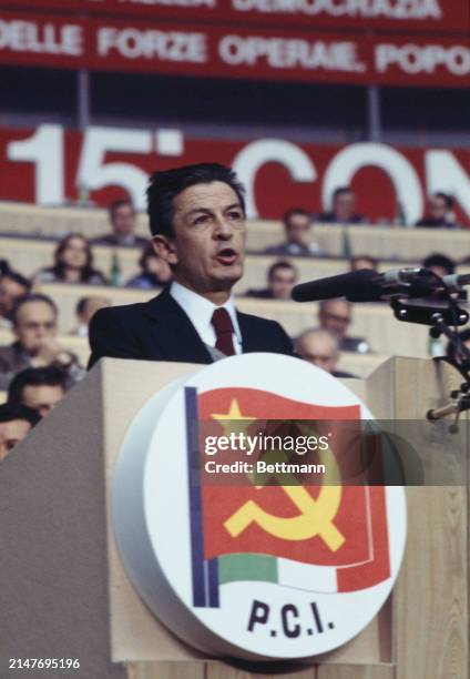 Enrico Berlinguer (1922 - 1984, national secretary of the Italian Communist Party , addressing the party's 15th congress from the podium in Rome,...