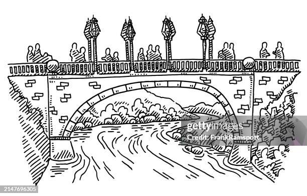 bridge river landscape drawing - crossing bridge stock illustrations