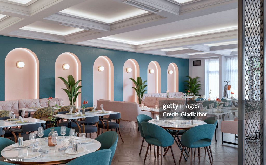 Large mid century styled restaurant / bar with tables and chairs, stools, benches, ceiling moldings and windows with white curtains in the background, on parquet floor