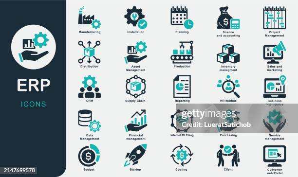 ilustraciones, imágenes clip art, dibujos animados e iconos de stock de colección de iconos sólidos erp. planificación de recursos empresariales, sistema, soporte, distribución, proceso de negocio, servicio, crm, puesta en marcha, gestión de proyectos, cadena de suministro, gestión de inventarios, instalación - línea de producción