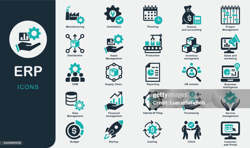ERP solid icons collection. Enterprise Resource Planning, system, support, distribution, business process, service, CRM, startup, Project Management, Supply Chain, Inventory Management, installation