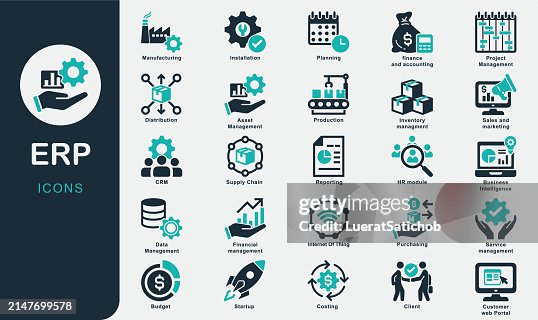 ERP solid icons collection. Enterprise Resource Planning, system, support, distribution, business process, service, CRM, startup, Project Management, Supply Chain, Inventory Management, installation ERP solid icons collection. Enterprise Resource Planning, system, support, distribution, business process, service, CRM, startup, Project Management, Supply Chain, Inventory Management, installation