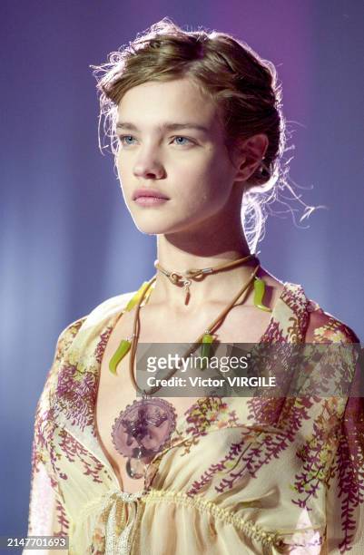 Natalia Vodianova walks the runway during the Emanuel Ungaro Ready to Wear Fall/Winter 2002-2003 fashion show as part of the Paris Fashion Week on...