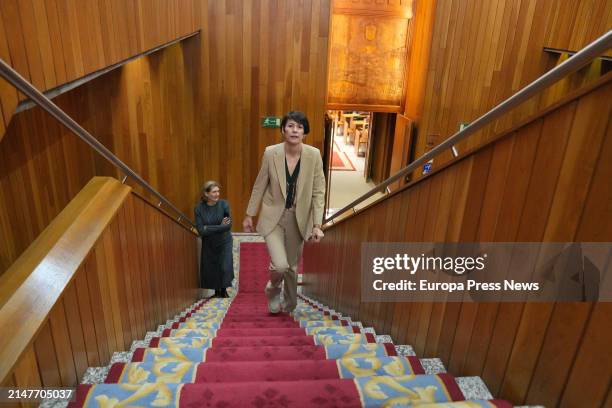 The national spokesperson of the BNG, Ana Ponton, arrives at the second investiture debate in the Galician Parliament on April 9 in Santiago de...
