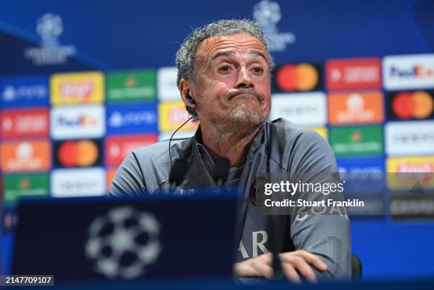 Luis Enrique, head coach of PSG talks with the media during a press conference at PSG Campus on April 09, 2024 in Paris, France.