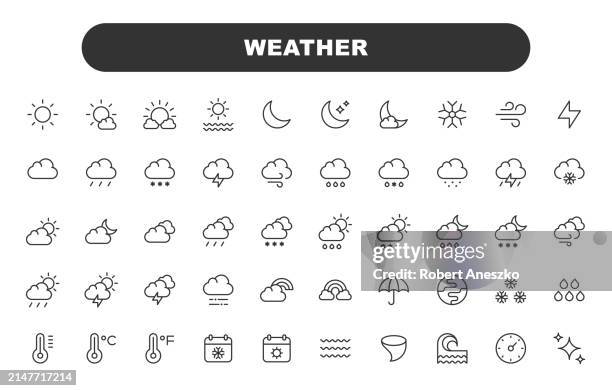 weather line icons. editable stroke. contains such icons as climate, clouds, ecology, environment, snow, spring, summer, sun, thunder, wind, winter, rain. - umbrella sun stock-grafiken, -clipart, -cartoons und -symbole