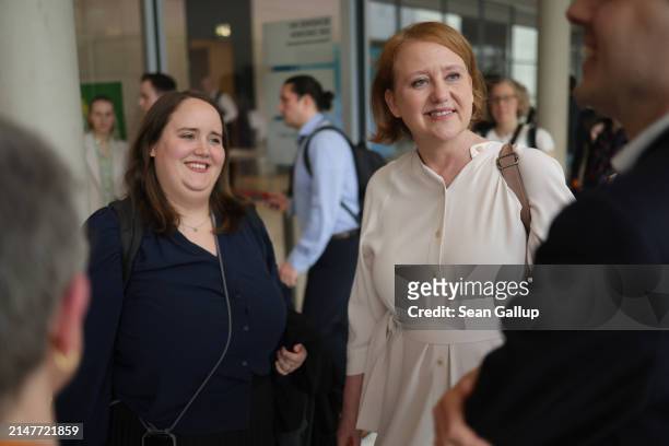 Ricarda Lang , co-leader of the German Greens Party, and Federal Families Minister Lisa Paus arrive for a meeting of the Greens Party Bundestag...