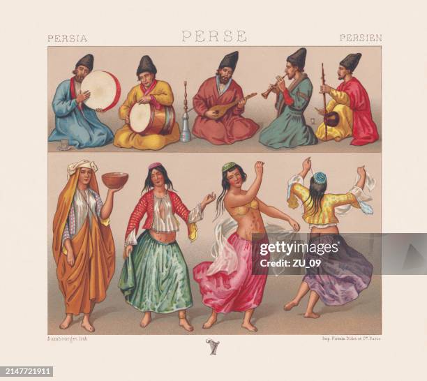 traditional persian clothing, musicians and dancer, chromolithograph, published in 1888 - blue blouse stock illustrations