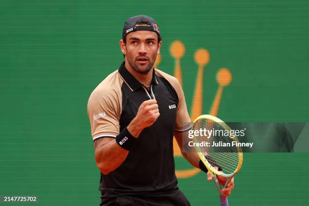 Matteo Berrettini of Italy celebrates a point against Miomir Kecmanovic of Serbia during the Men's Singles First Round match on day three of the...