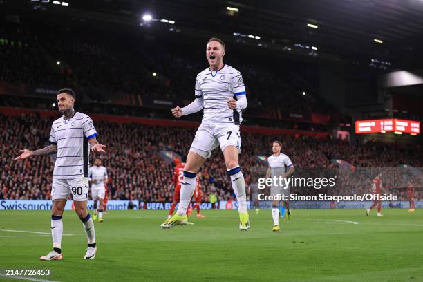 Teun Koopmeiners of Atalanta celebrates their 2nd goal as goalscorer Gianluca Scamacca holds his arms open behind during the UEFA Europa League...