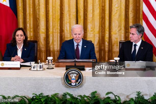 Vice President Kamala Harris, from left, President Joe Biden, and Antony Blinken, US secretary of state, during a trilateral meeting with Ferdinand...