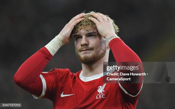 Liverpool's Harvey Elliott reacts after seeing his shot hit the woodwork during the UEFA Europa League 2023/24 Quarter-Final first leg match between...